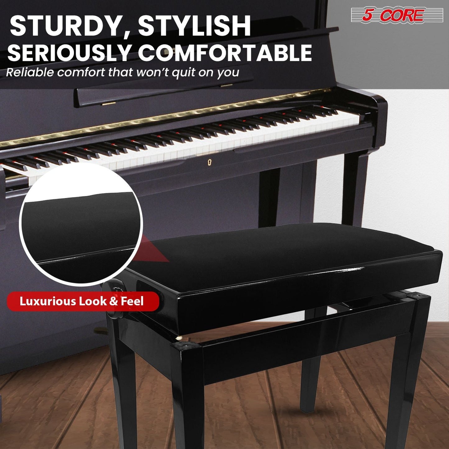 5 Core Adjustable Piano Bench Thick 3.25" Solid Wood Keyboard Stool Heavy Duty Musician Chair - 7DAY'S