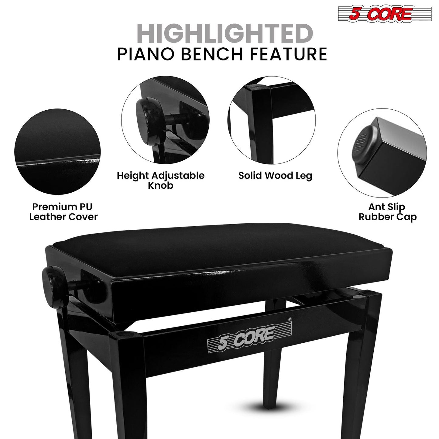 5 Core Adjustable Piano Bench Thick 3.25" Solid Wood Keyboard Stool Heavy Duty Musician Chair - 7DAY'S
