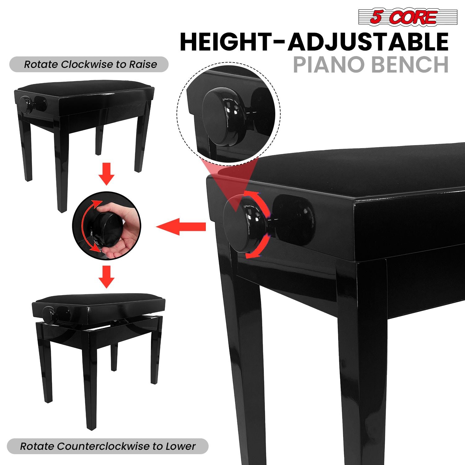 5 Core Adjustable Piano Bench Thick 3.25" Solid Wood Keyboard Stool Heavy Duty Musician Chair - 7DAY'S