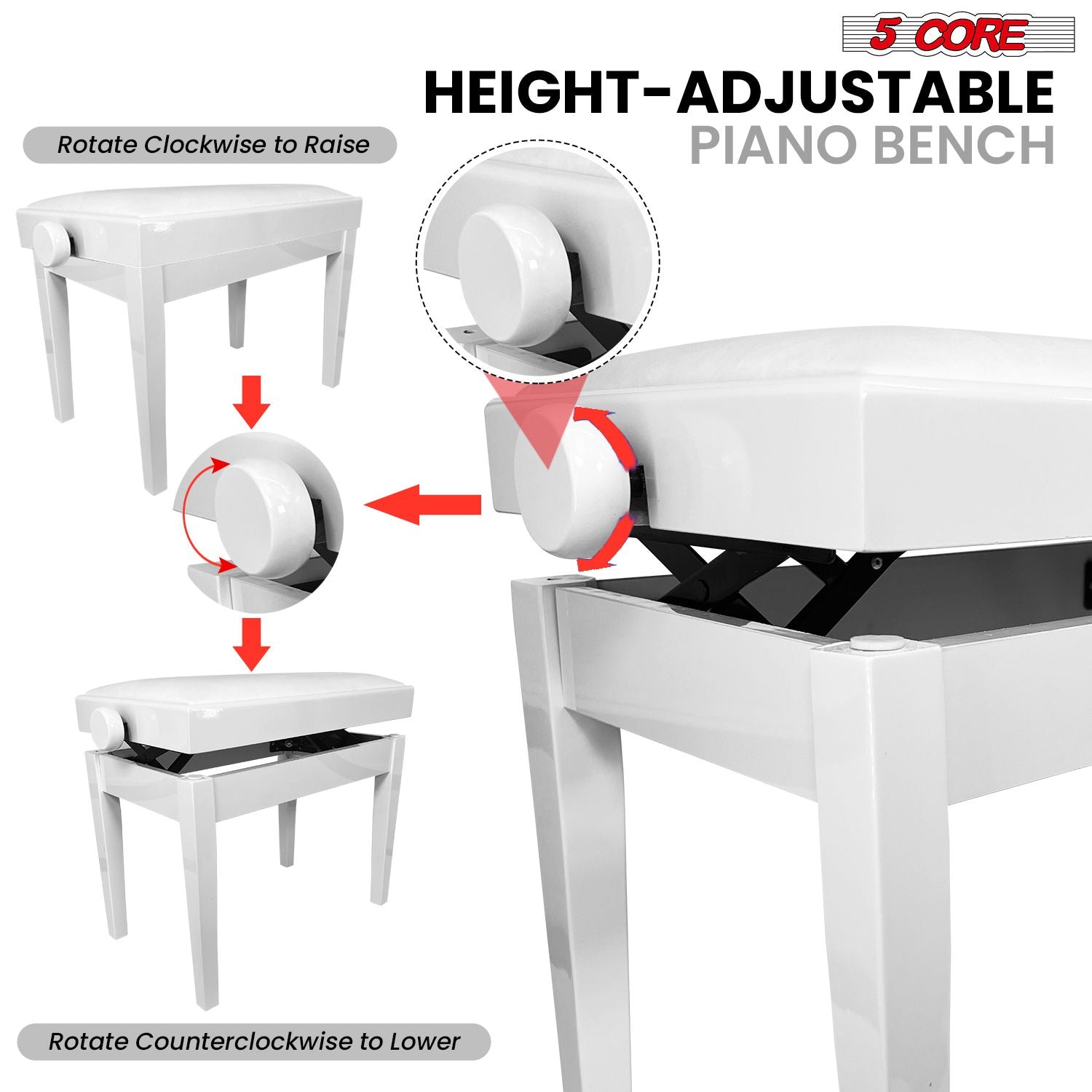 5 Core Adjustable Piano Bench Thick 3.25" Solid Wood Keyboard Stool Heavy Duty Musician Chair - 7DAY'S