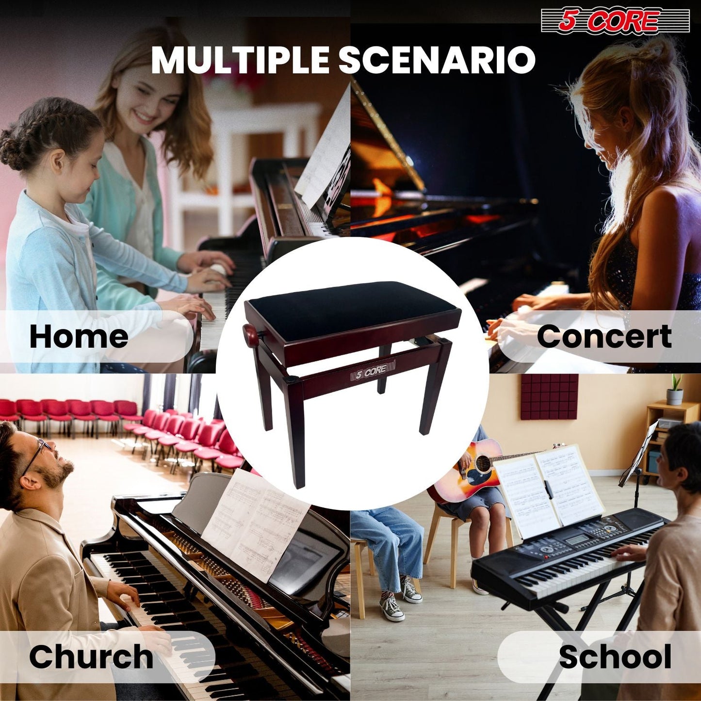 5 Core Adjustable Piano Bench Thick 3.25" Solid Wood Keyboard Stool Heavy Duty Musician Chair - 7DAY'S
