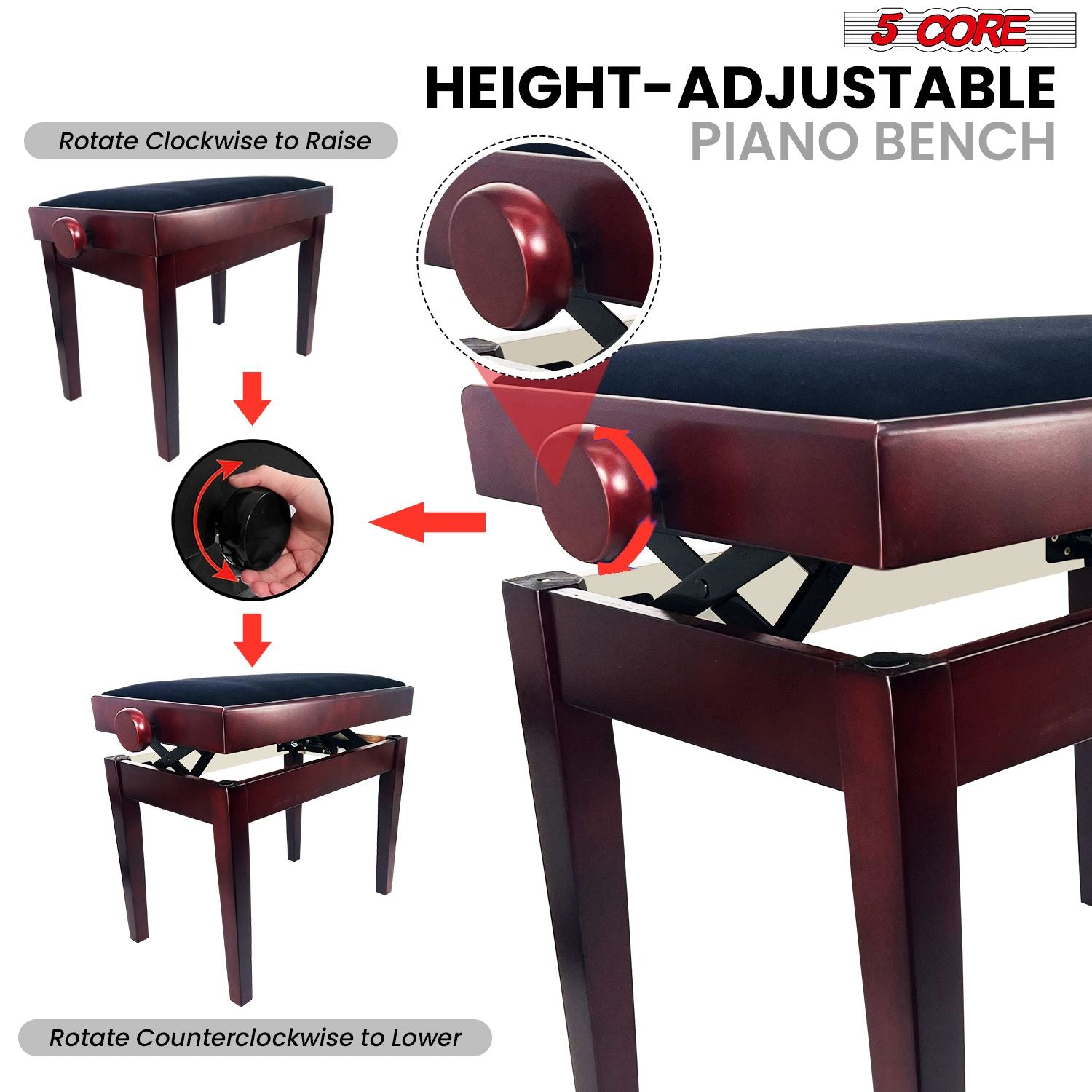 5 Core Adjustable Piano Bench Thick 3.25" Solid Wood Keyboard Stool Heavy Duty Musician Chair - 7DAY'S