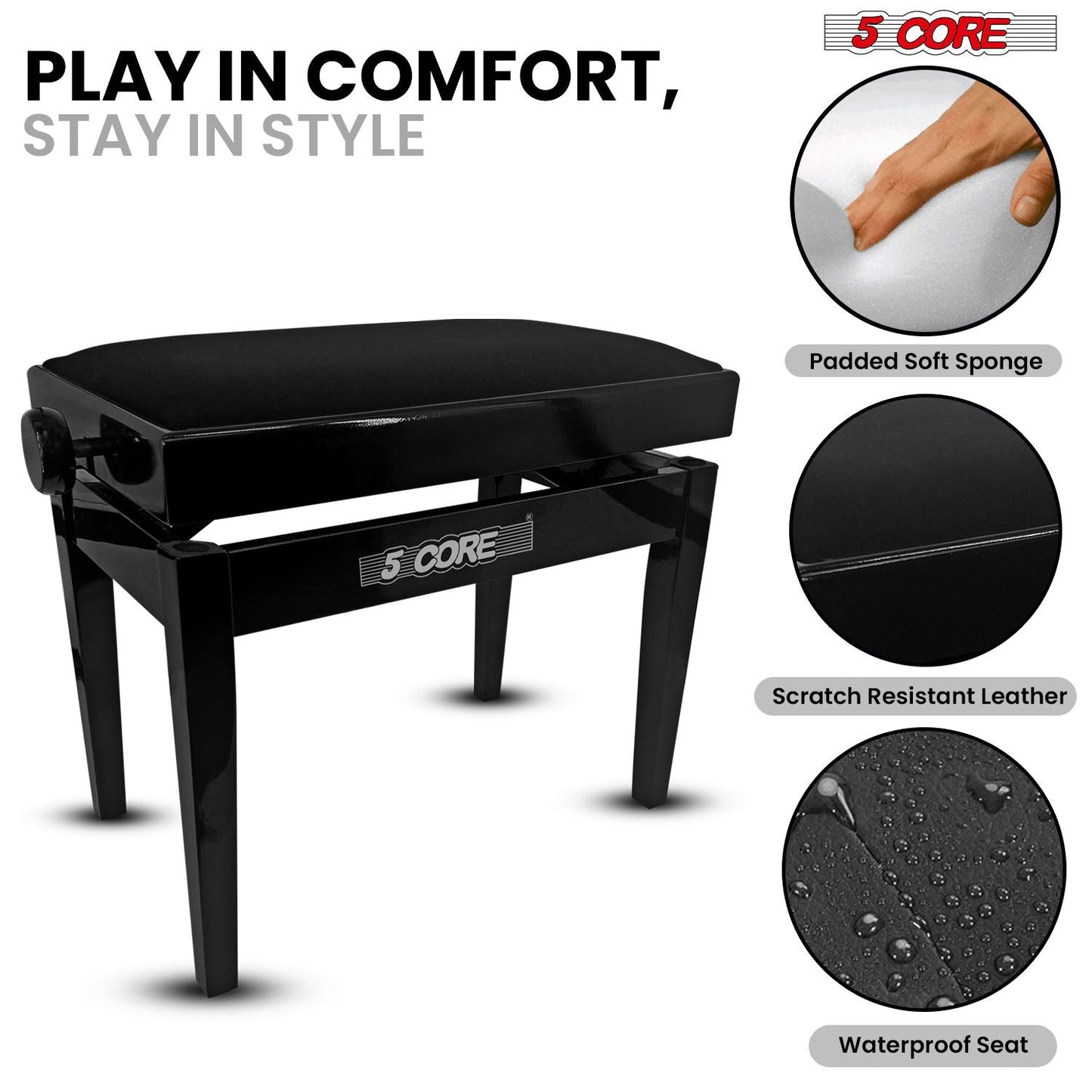 5 Core Adjustable Piano Bench Thick 3.25" Solid Wood Keyboard Stool Heavy Duty Musician Chair - 7DAY'S