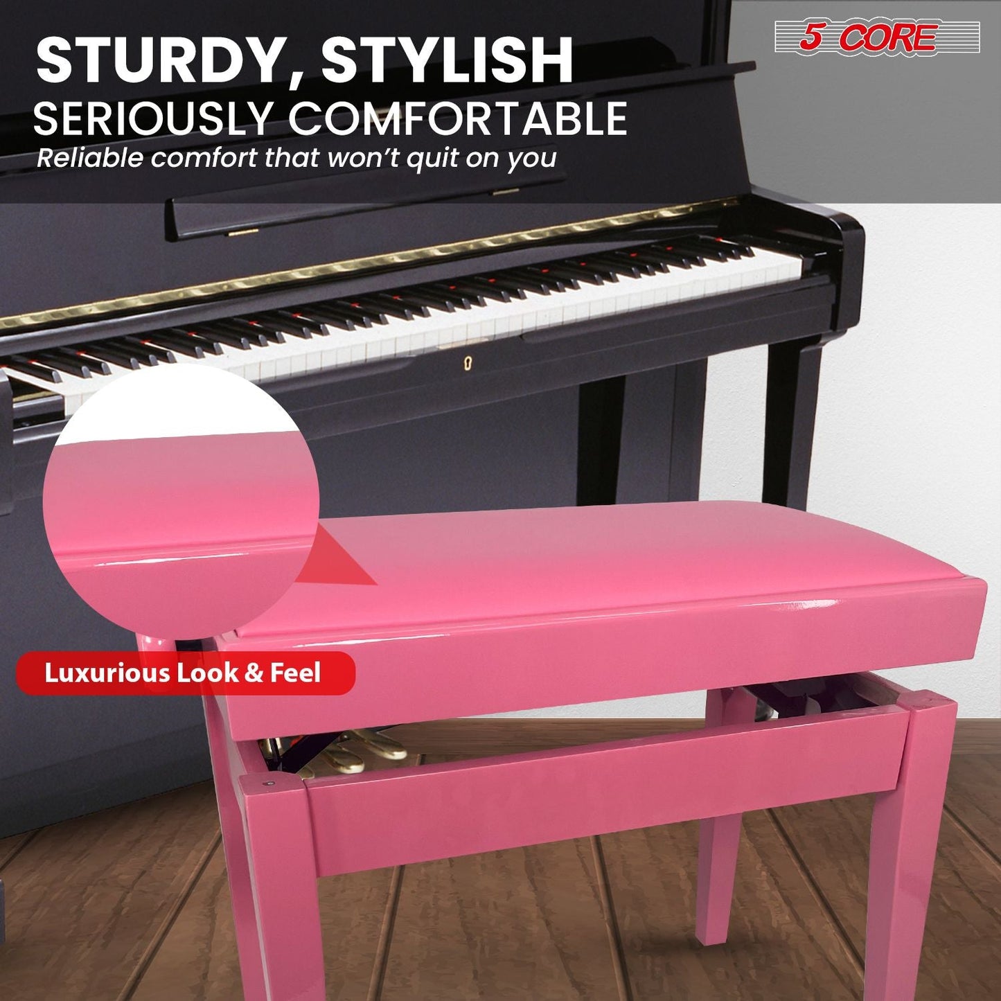 5 Core Adjustable Piano Bench Thick 3.25" Solid Wood Keyboard Stool Heavy Duty Musician Chair - 7DAY'S