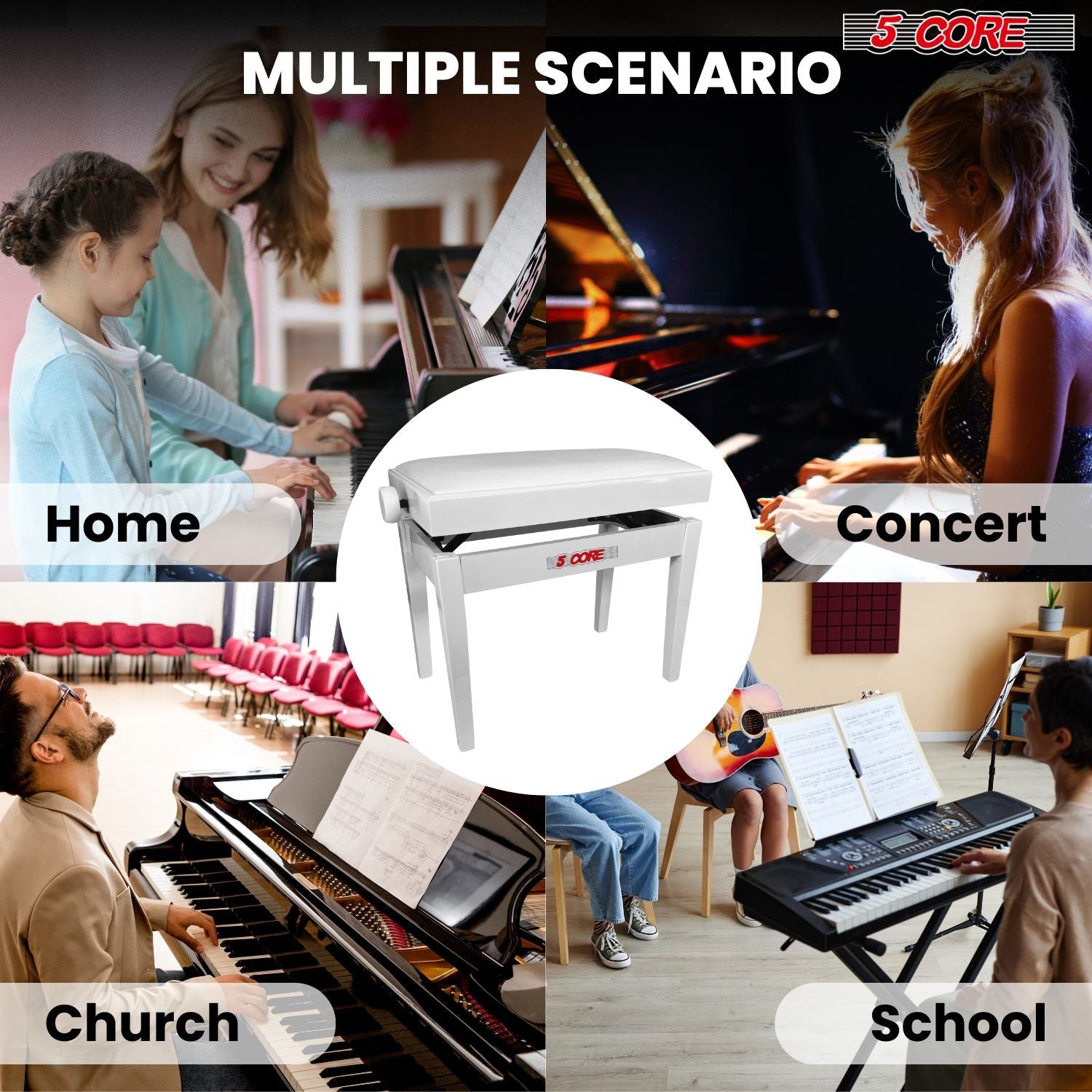 5 Core Adjustable Piano Bench Thick 3.25" Solid Wood Keyboard Stool Heavy Duty Musician Chair - 7DAY'S