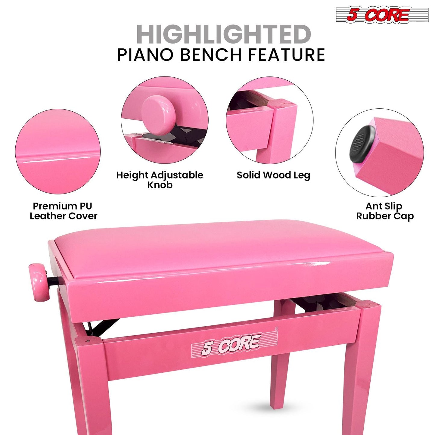 5 Core Adjustable Piano Bench Thick 3.25" Solid Wood Keyboard Stool Heavy Duty Musician Chair - 7DAY'S