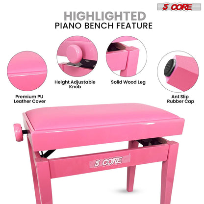 5 Core Adjustable Piano Bench Thick 3.25" Solid Wood Keyboard Stool Heavy Duty Musician Chair - 7DAY'S