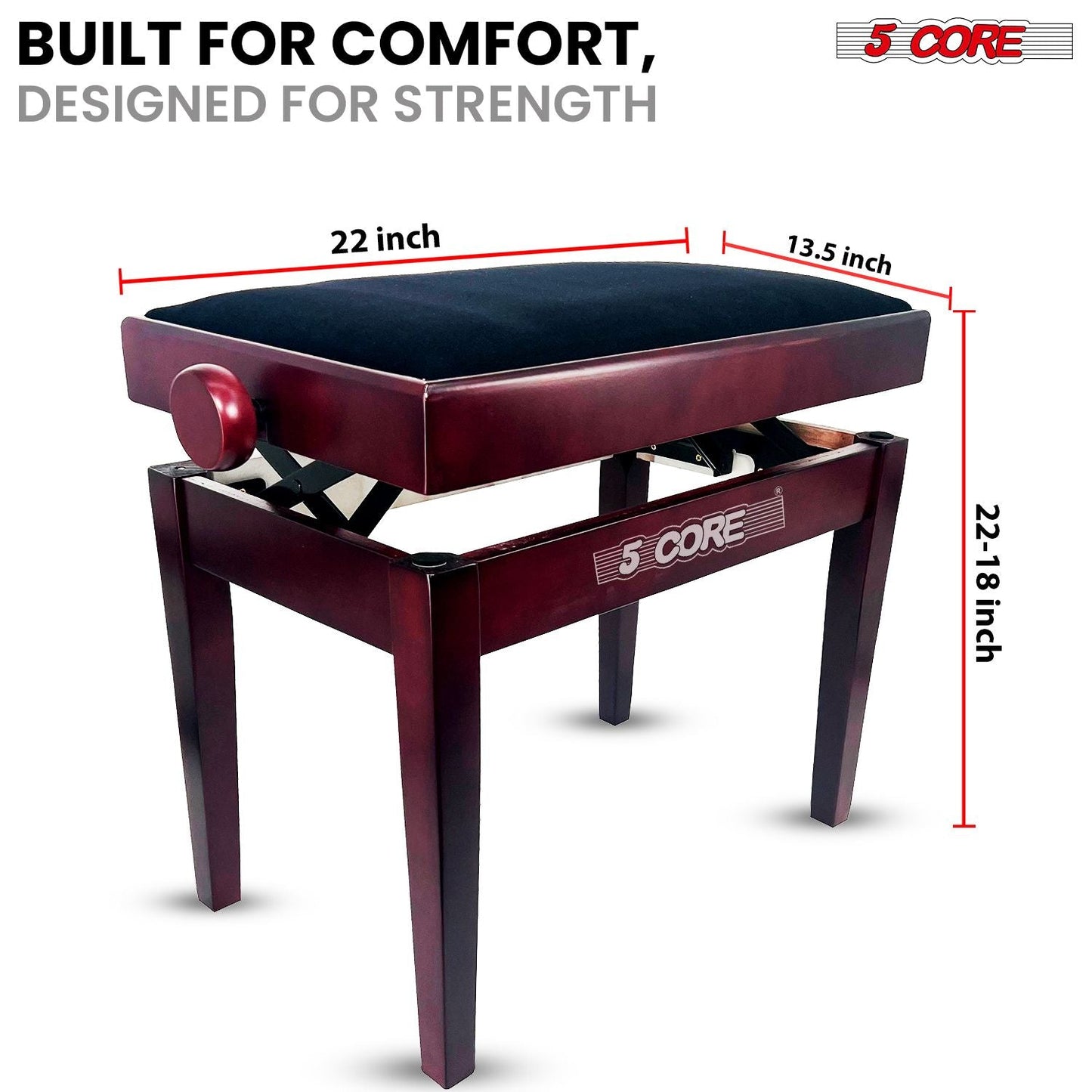 5 Core Adjustable Piano Bench Thick 3.25" Solid Wood Keyboard Stool Heavy Duty Musician Chair - 7DAY'S