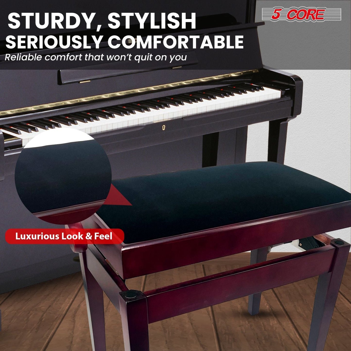 5 Core Adjustable Piano Bench Thick 3.25" Solid Wood Keyboard Stool Heavy Duty Musician Chair - 7DAY'S