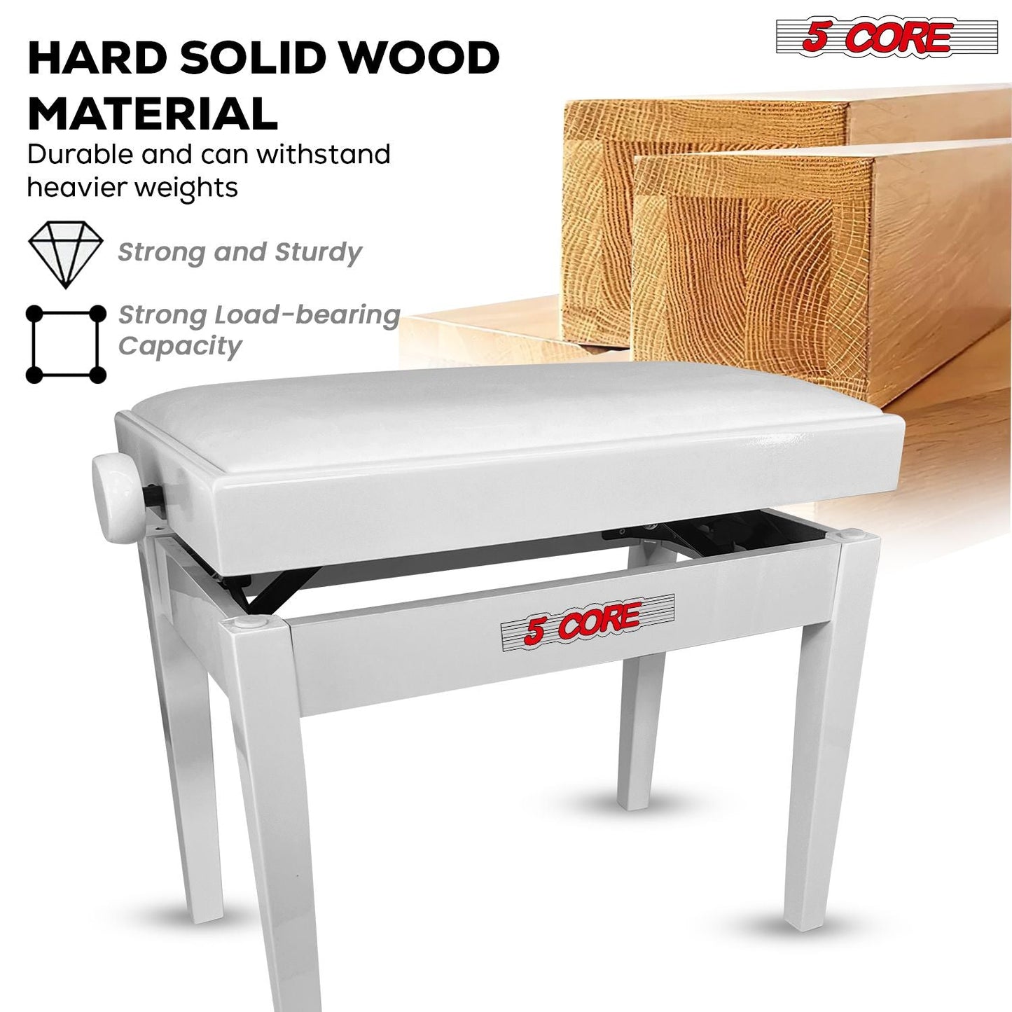 5 Core Adjustable Piano Bench Thick 3.25" Solid Wood Keyboard Stool Heavy Duty Musician Chair - 7DAY'S