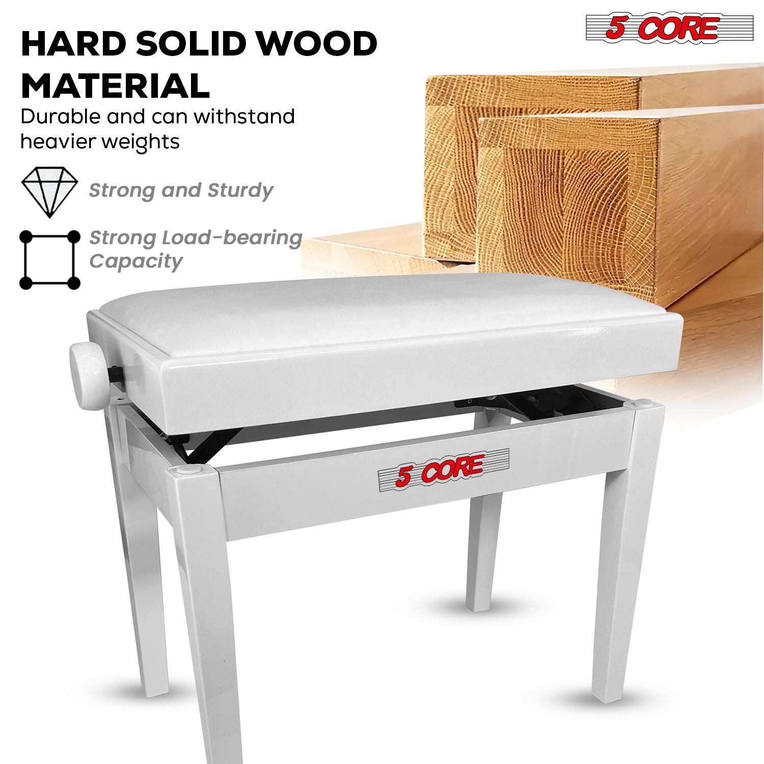 5 Core Adjustable Piano Bench Thick 3.25" Solid Wood Keyboard Stool Heavy Duty Musician Chair - 7DAY'S