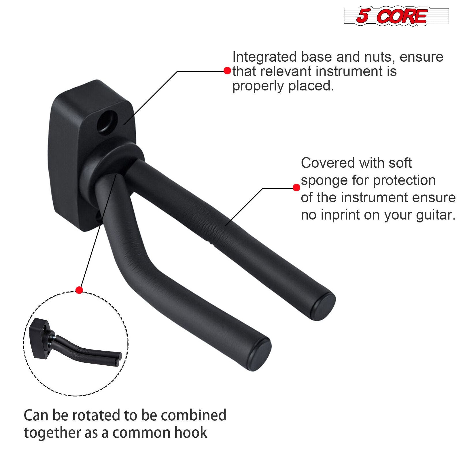 5 CORE Guitar Wall Mount Hanger Hook for Acoustic Classical Electric Bass Guitars - GH IRON 2PCS - 7DAY'S