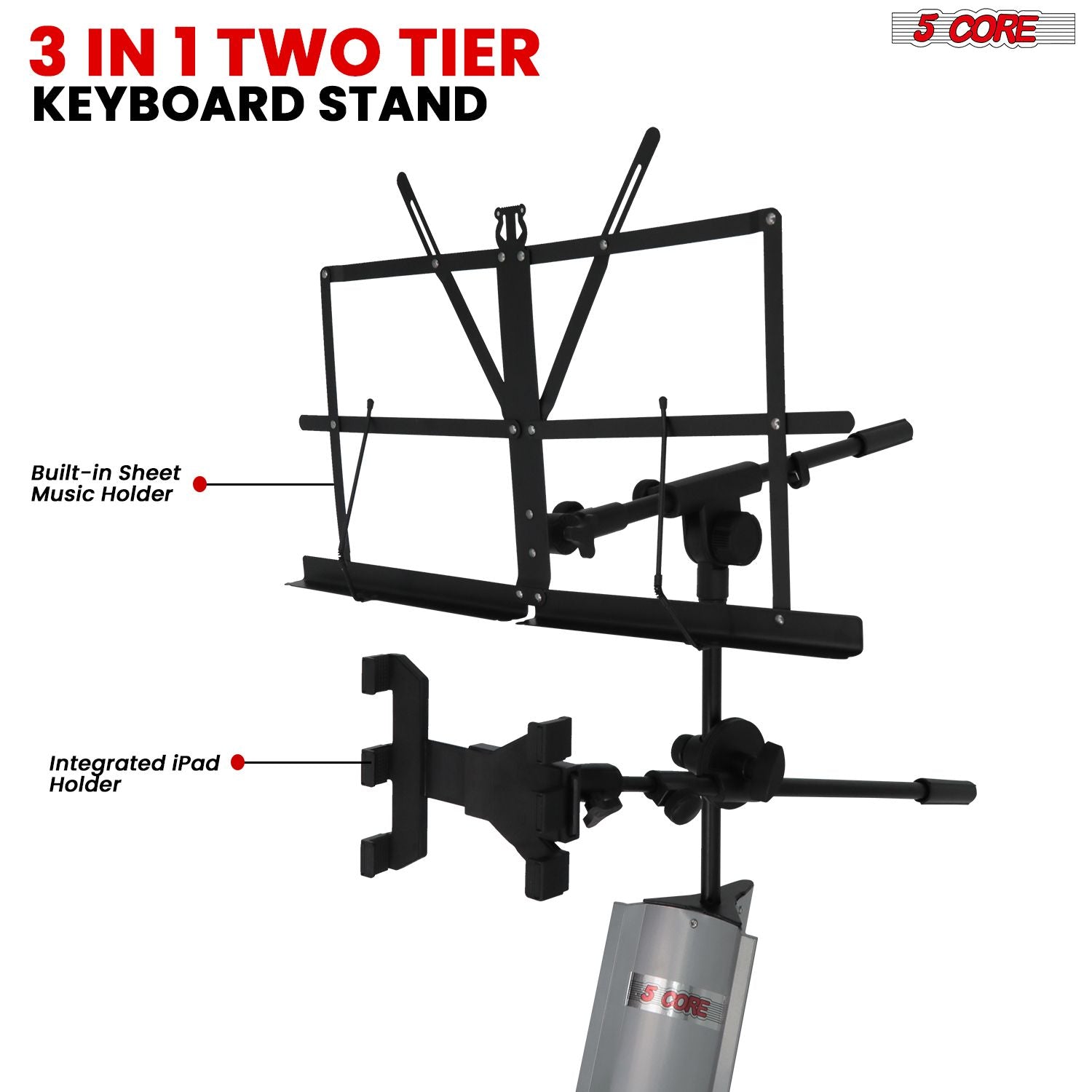 5 Core Keyboard Stand 2 Tier Aluminum Classic Adjustable Electric Piano Sturdy Holder SILVER - KS C 2TD SLV AL - 7DAY'S