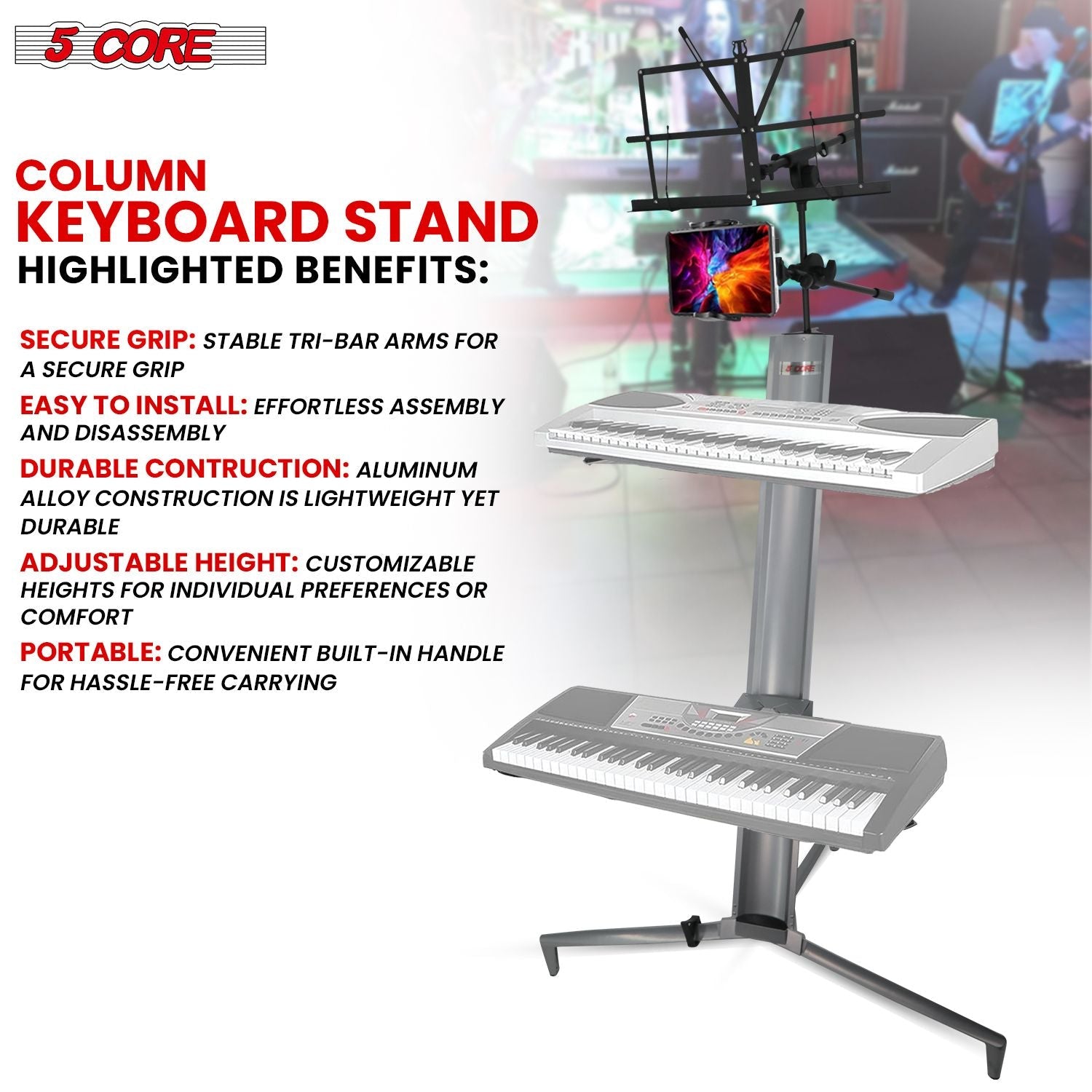 5 Core Keyboard Stand 2 Tier Aluminum Classic Adjustable Electric Piano Sturdy Holder SILVER - KS C 2TD SLV AL - 7DAY'S