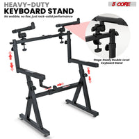 5 CORE Keyboard Stand 2 Tier Z Style Adjustable Electric Piano Riser Foldable & Heavy Duty Lift Holder With Secure Strap Mount For 54 88 Key Instruments - KS Z1 BLK HD + 2T - 7DAY'S