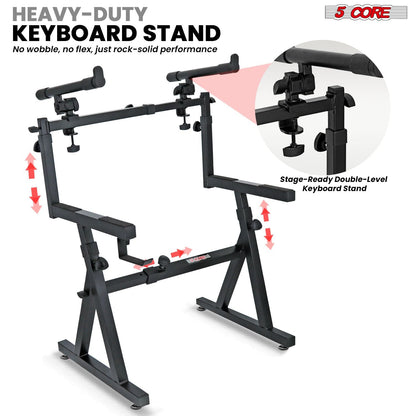 5 CORE Keyboard Stand 2 Tier Z Style Adjustable Electric Piano Riser Foldable & Heavy Duty Lift Holder With Secure Strap Mount For 54 88 Key Instruments - KS Z1 BLK HD + 2T - 7DAY'S