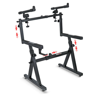 5 CORE Keyboard Stand 2 Tier Z Style Adjustable Electric Piano Riser Foldable & Heavy Duty Lift Holder With Secure Strap Mount For 54 88 Key Instruments - KS Z1 BLK HD + 2T - 7DAY'S