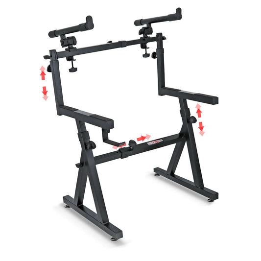 5 CORE Keyboard Stand 2 Tier Z Style Adjustable Electric Piano Riser Foldable & Heavy Duty Lift Holder With Secure Strap Mount For 54 88 Key Instruments - KS Z1 BLK HD + 2T - 7DAY'S