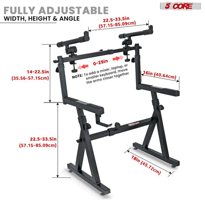 5 CORE Keyboard Stand 2 Tier Z Style Adjustable Electric Piano Riser Foldable & Heavy Duty Lift Holder With Secure Strap Mount For 54 88 Key Instruments - KS Z1 BLK HD + 2T - 7DAY'S