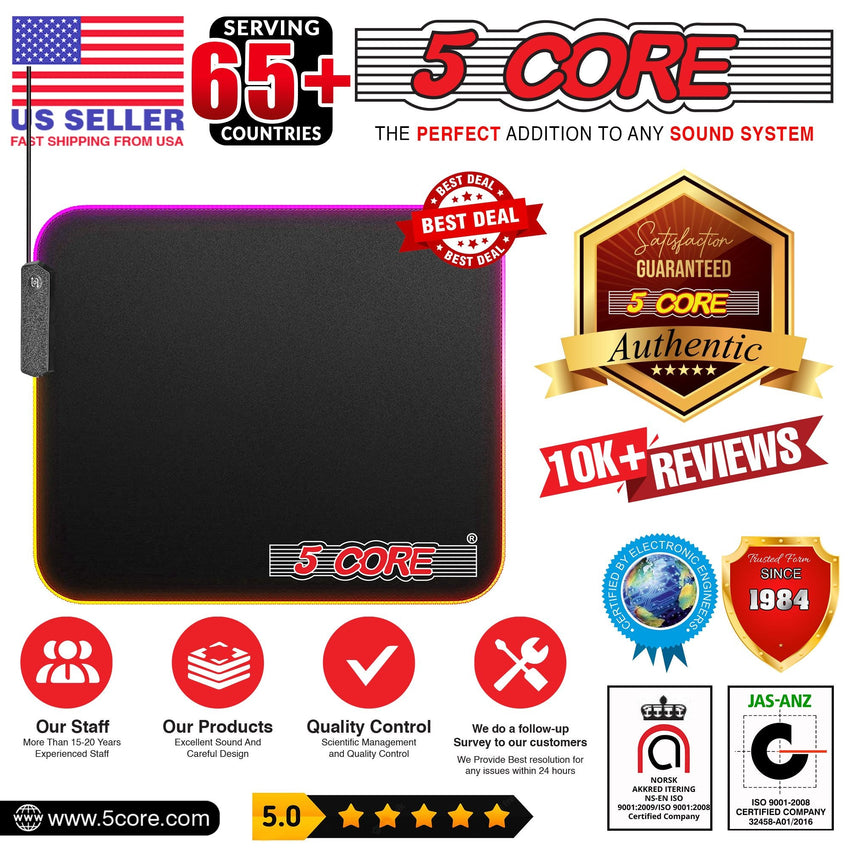 5 CORE Large RGB Gaming Mouse Pad Non - Slip Rubber Base, Waterproof 11.8 x 9.8 Inch LED Desk Mouse Mat Glowing 12 Modes Durable Stitched Edges, Great for Office and Gaming MP 300 RGB - 7DAY'S