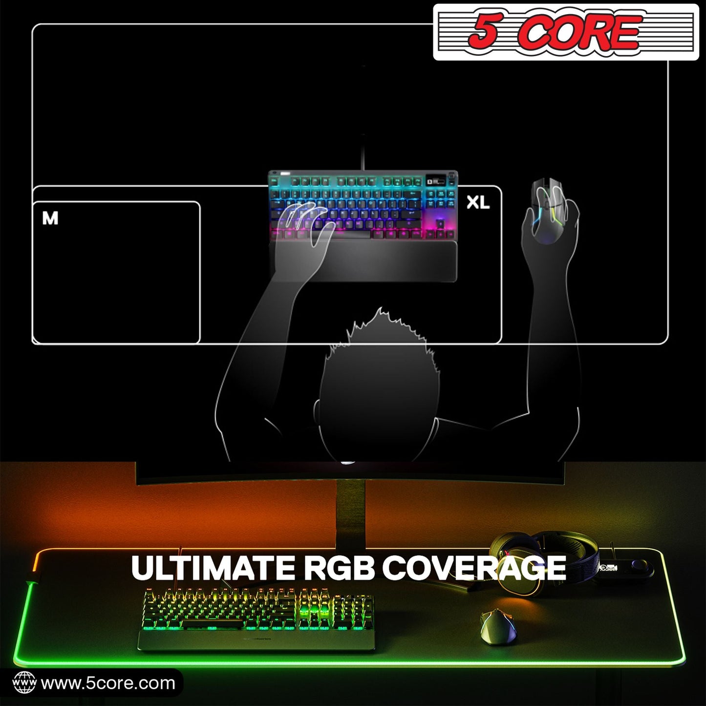 5 CORE Large RGB Gaming Mouse Pad Non - Slip Rubber Base, Waterproof 11.8 x 9.8 Inch LED Desk Mouse Mat Glowing 12 Modes Durable Stitched Edges, Great for Office and Gaming MP 300 RGB - 7DAY'S