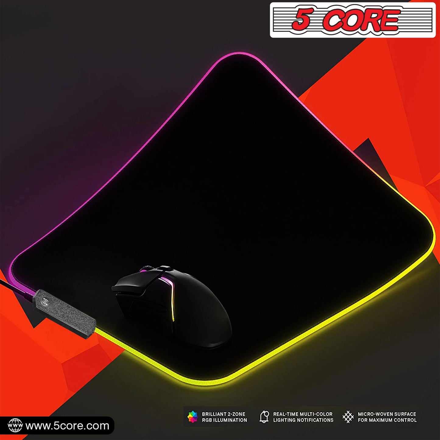 5 CORE Large RGB Gaming Mouse Pad Non - Slip Rubber Base, Waterproof 11.8 x 9.8 Inch LED Desk Mouse Mat Glowing 12 Modes Durable Stitched Edges, Great for Office and Gaming MP 300 RGB - 7DAY'S