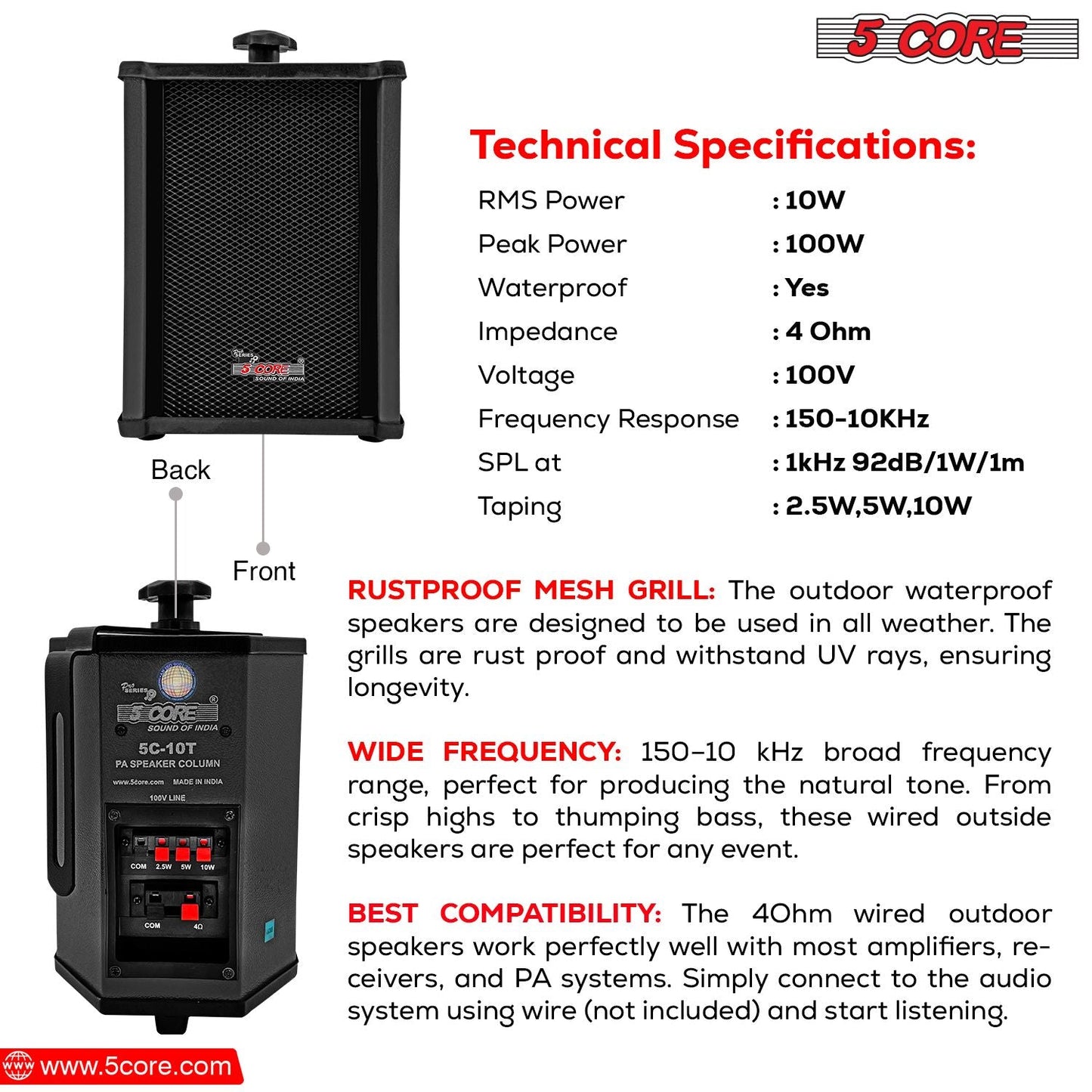5 CORE Outdoor Speakers Pair Stereo in Wall Speaker 100W Peak Passive Mount Wired Waterproof Patio House Garage Indoor Exterior Audio System Bocinas para Casa - 10T G 2PCS - 7DAY'S