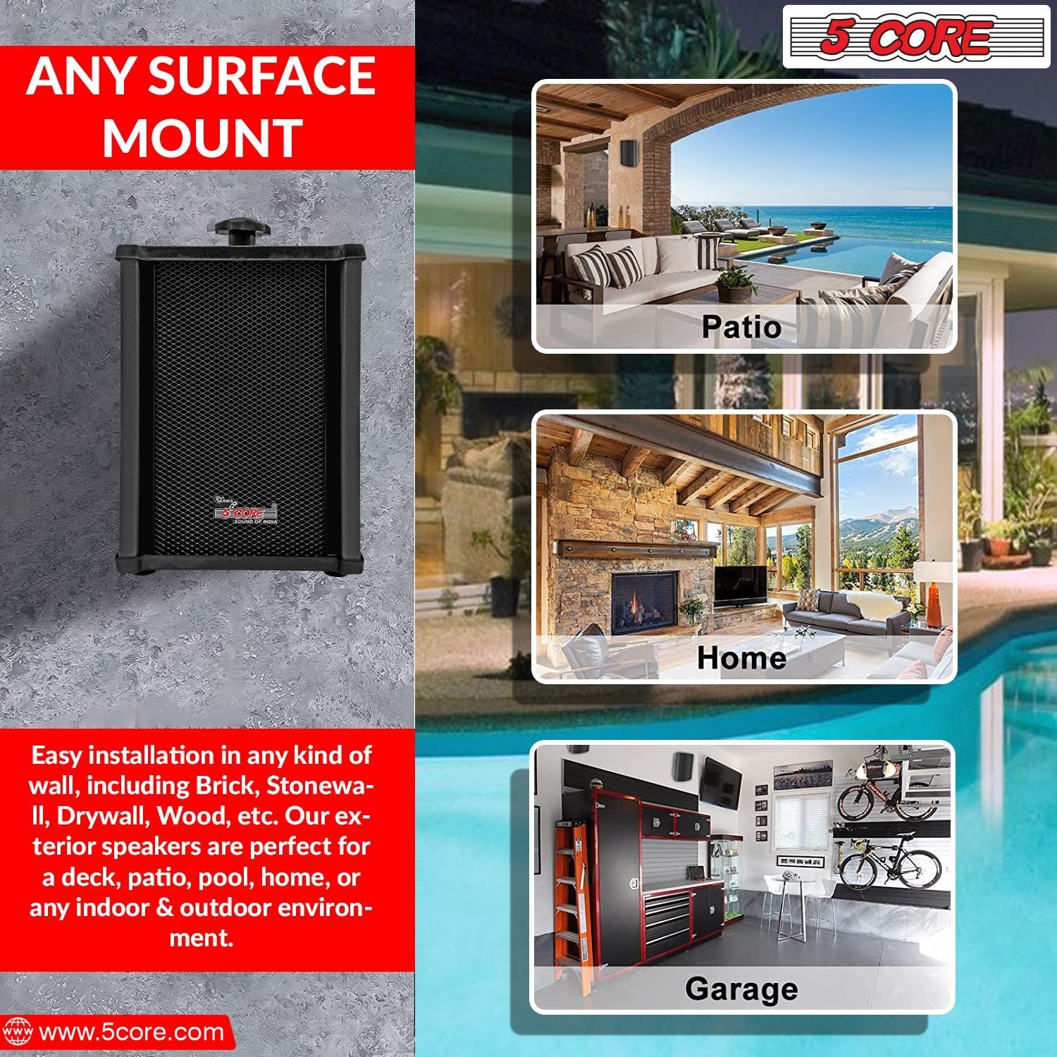 5 CORE Outdoor Speakers Pair Stereo in Wall Speaker 100W Peak Passive Mount Wired Waterproof Patio House Garage Indoor Exterior Audio System Bocinas para Casa - 10T G 2PCS - 7DAY'S