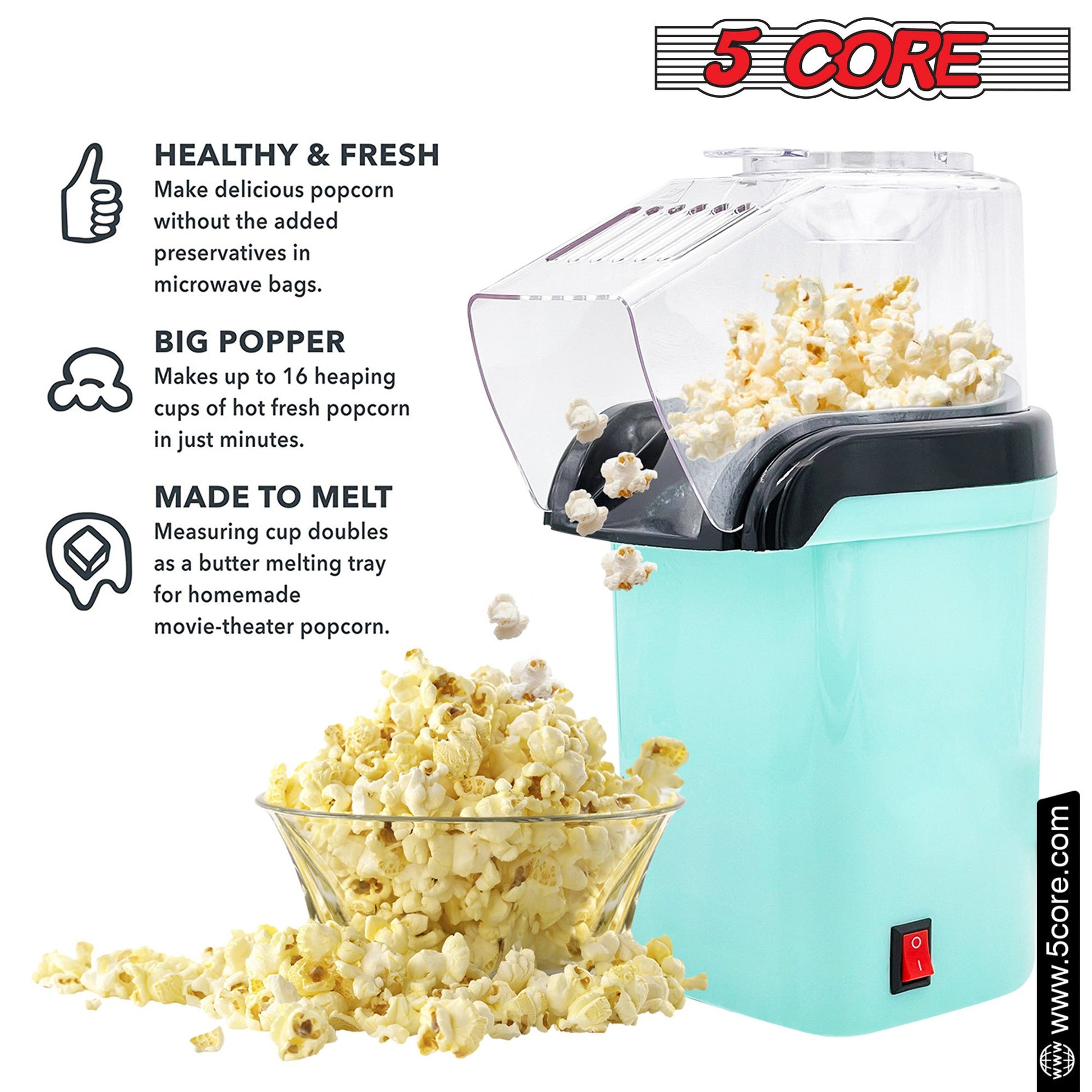 5 Core Popcorn Machine 16 Cup Capacity Hot Air Popper Mini Portable Tabletop Electric Pop Corn Maker Maquina Para Hacer Palomitas De Maiz For Home Movie Party - 7DAY'S