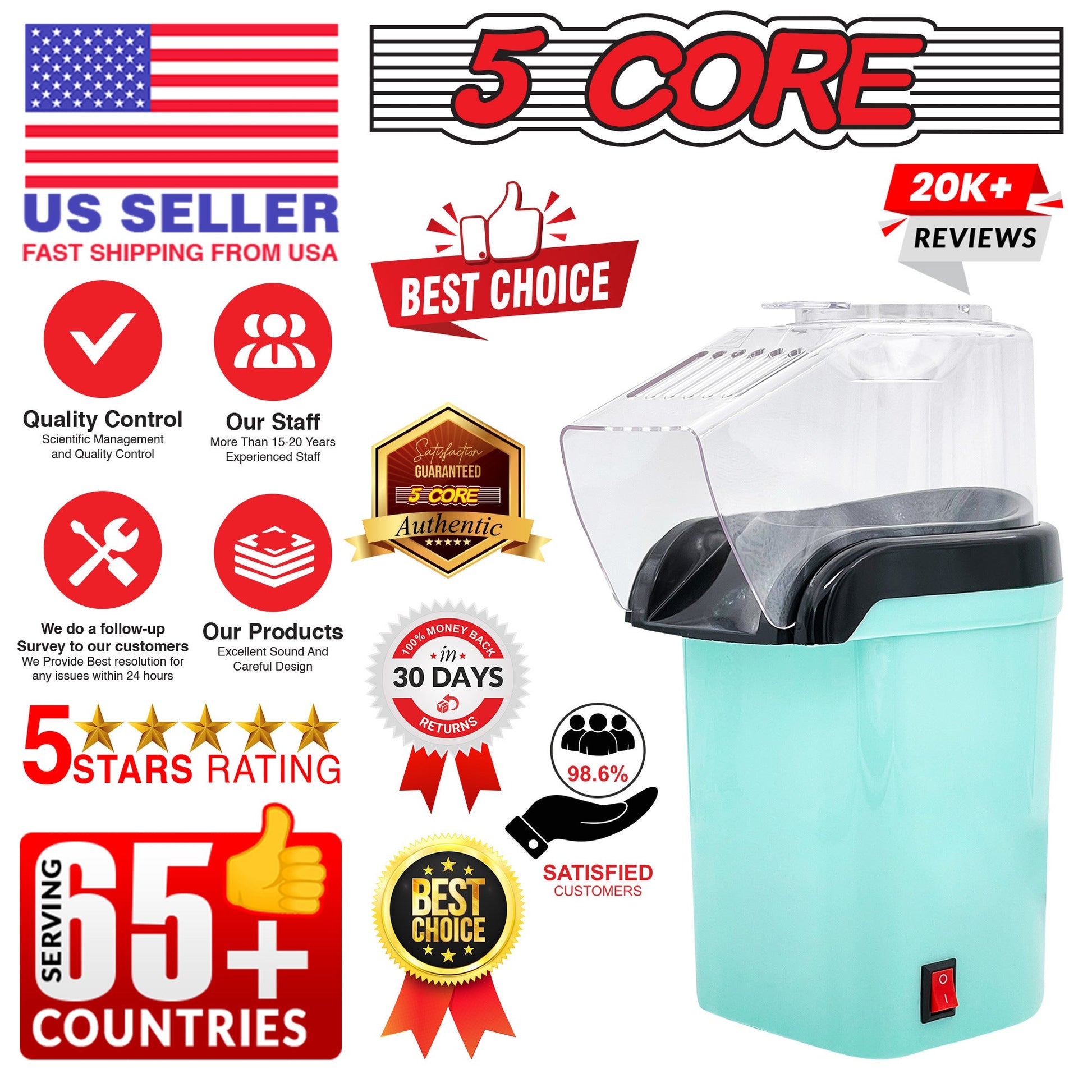 5 Core Popcorn Machine 16 Cup Capacity Hot Air Popper Mini Portable Tabletop Electric Pop Corn Maker Maquina Para Hacer Palomitas De Maiz For Home Movie Party - 7DAY'S
