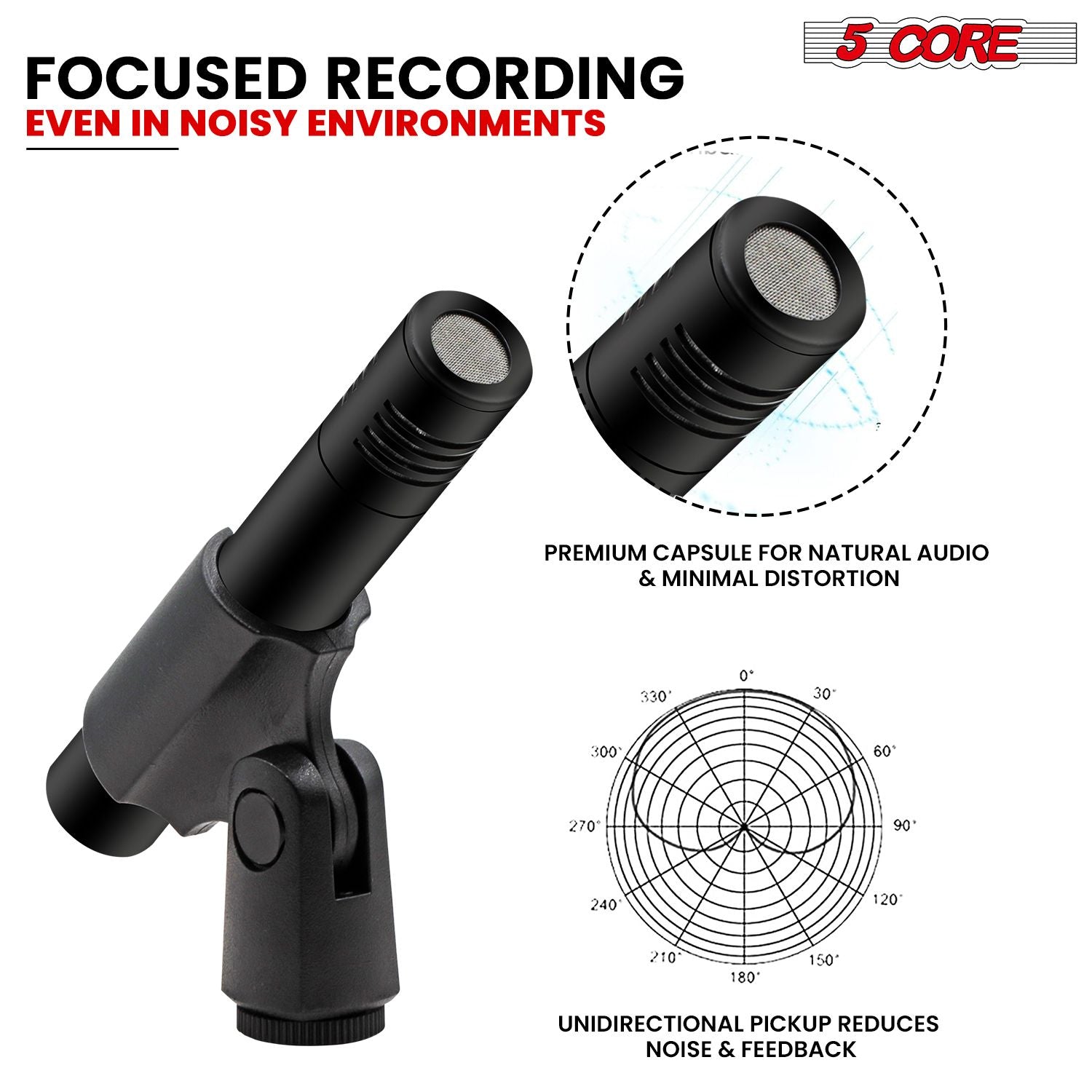 5 CORE Professional Instrument Microphone Pencil Mic Condenser Cardioid Unidirectional Stick Microfono with Windscreen Mic Clip & Case - INSTRU MIC 300 BLK - 7DAY'S
