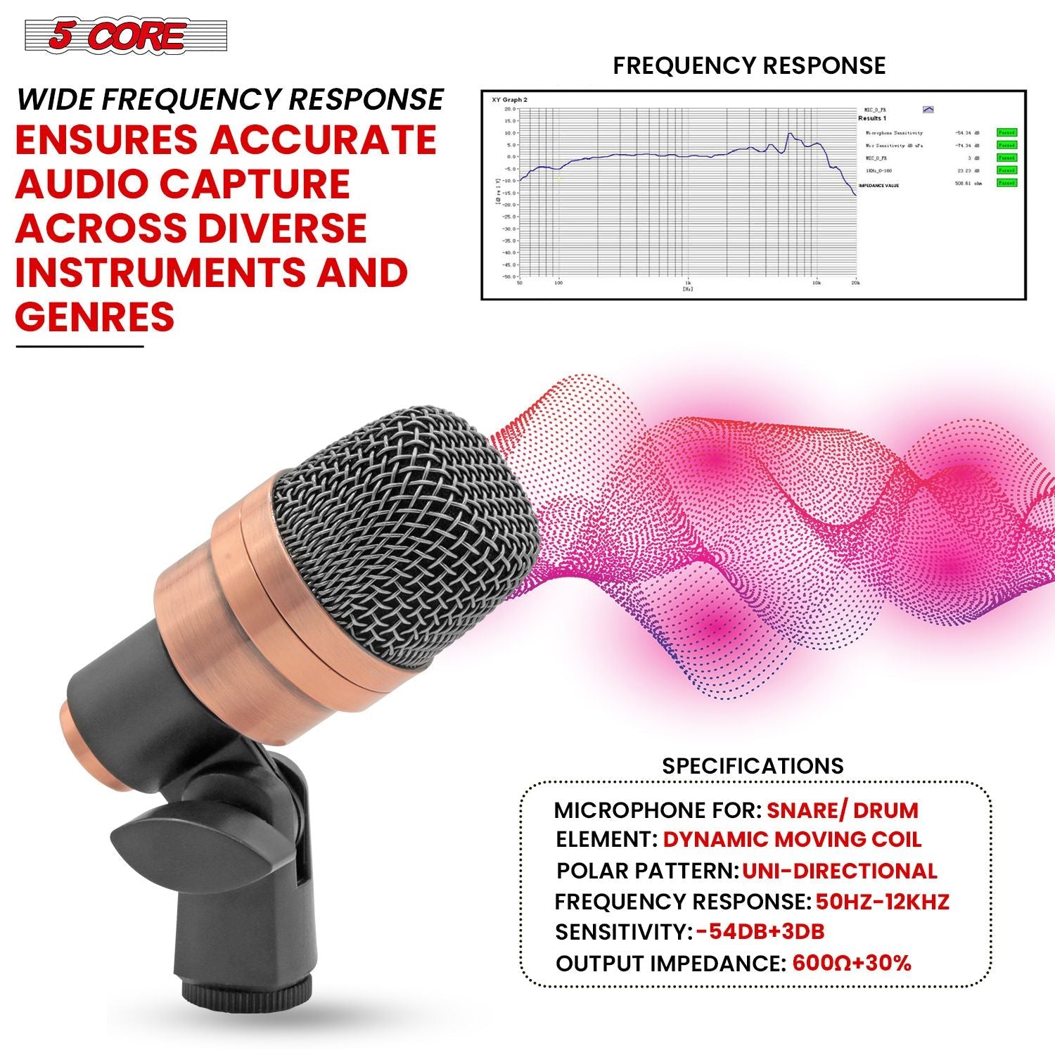 5 CORE Snare Microphone Copper Finish XLR Wired Cardioid Uni Directional Tom Kick Drum Mic w Swivel Mount Steel Mesh Grille Rim Mount - SNARE XP COPPERX - 7DAY'S