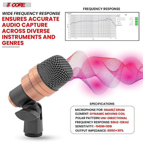 5 CORE Snare Microphone Copper Finish XLR Wired Cardioid Uni Directional Tom Kick Drum Mic w Swivel Mount Steel Mesh Grille Rim Mount - SNARE XP COPPERX - 7DAY'S