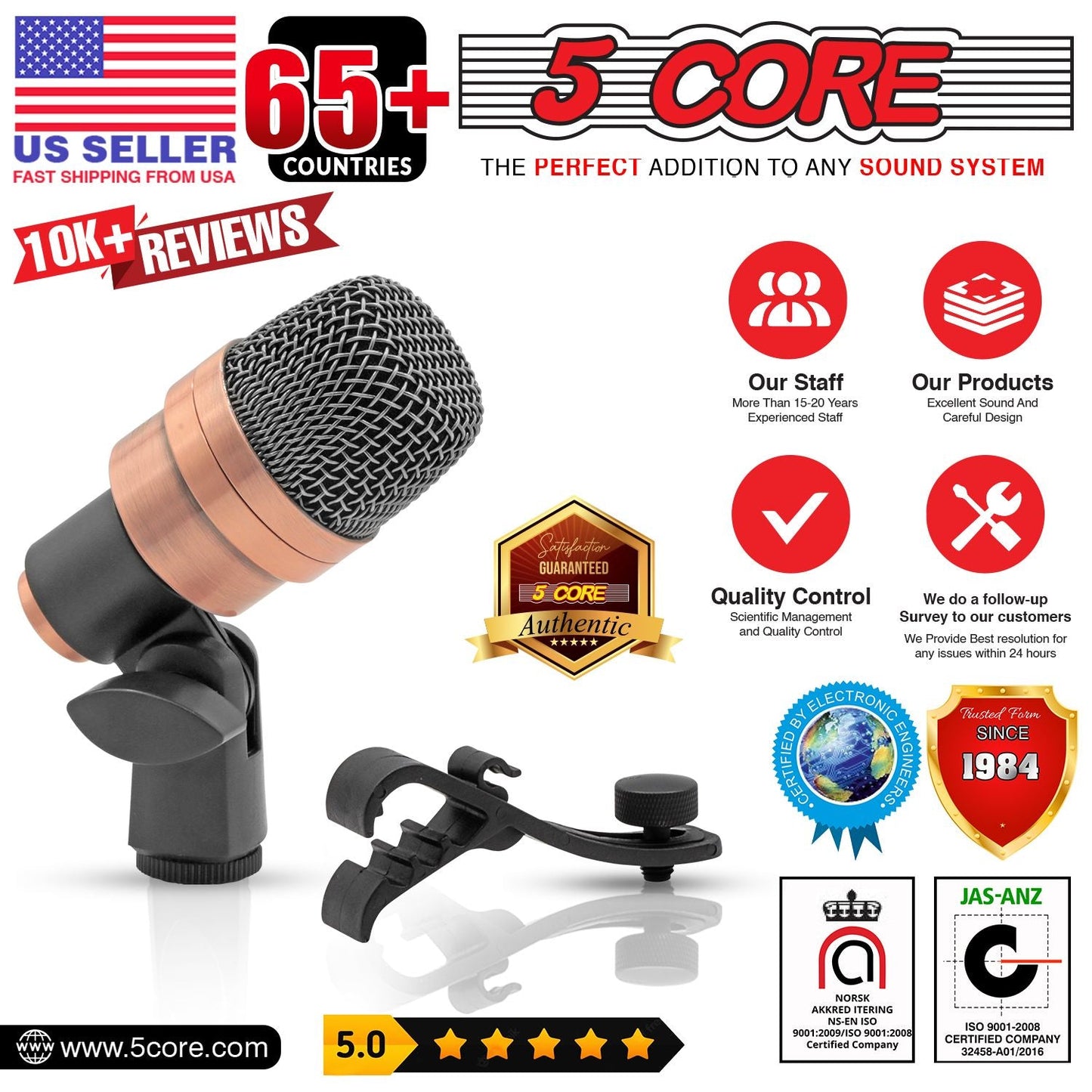 5 CORE Snare Microphone Copper Finish XLR Wired Cardioid Uni Directional Tom Kick Drum Mic w Swivel Mount Steel Mesh Grille Rim Mount - SNARE XP COPPERX - 7DAY'S