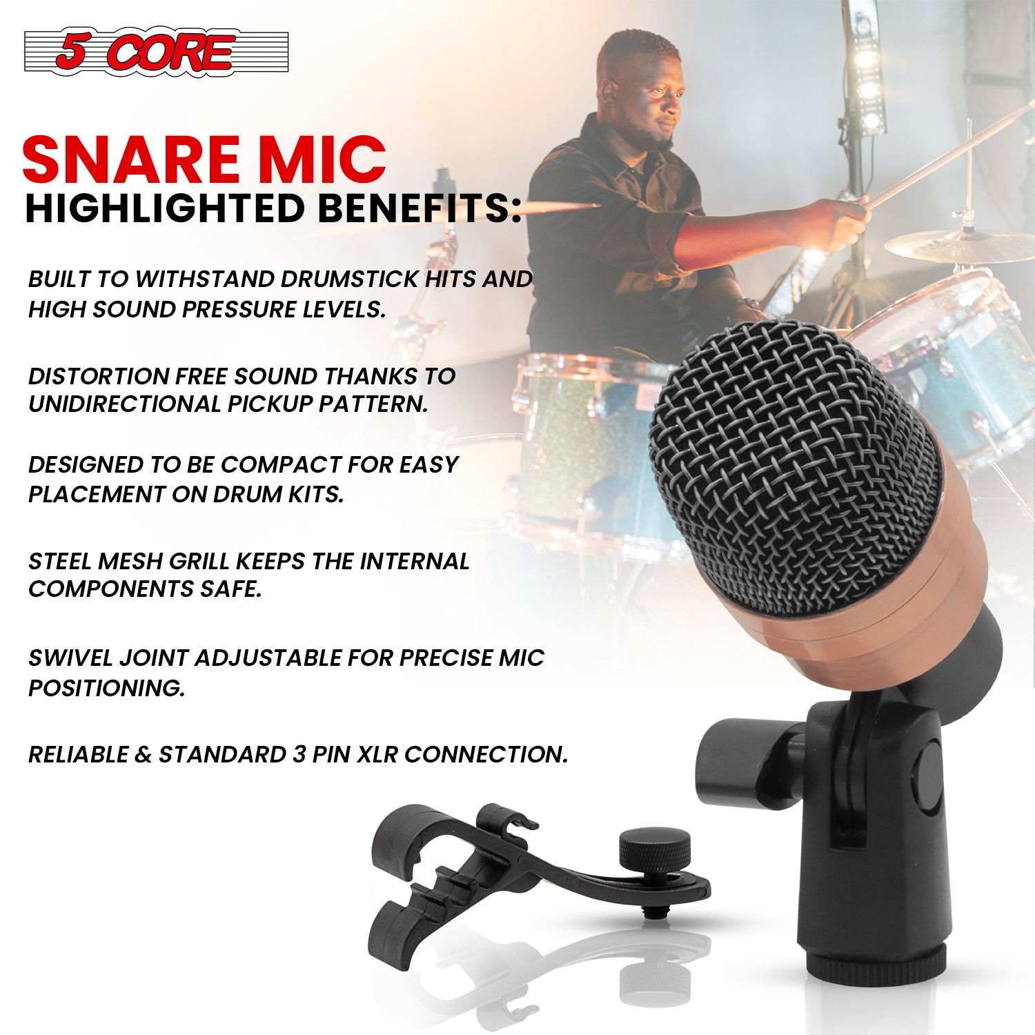 5 CORE Snare Microphone Copper Finish XLR Wired Cardioid Uni Directional Tom Kick Drum Mic w Swivel Mount Steel Mesh Grille Rim Mount - SNARE XP COPPERX - 7DAY'S