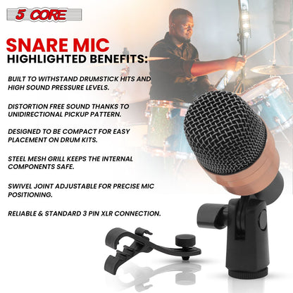 5 CORE Snare Microphone Copper Finish XLR Wired Cardioid Uni Directional Tom Kick Drum Mic w Swivel Mount Steel Mesh Grille Rim Mount - SNARE XP COPPERX - 7DAY'S