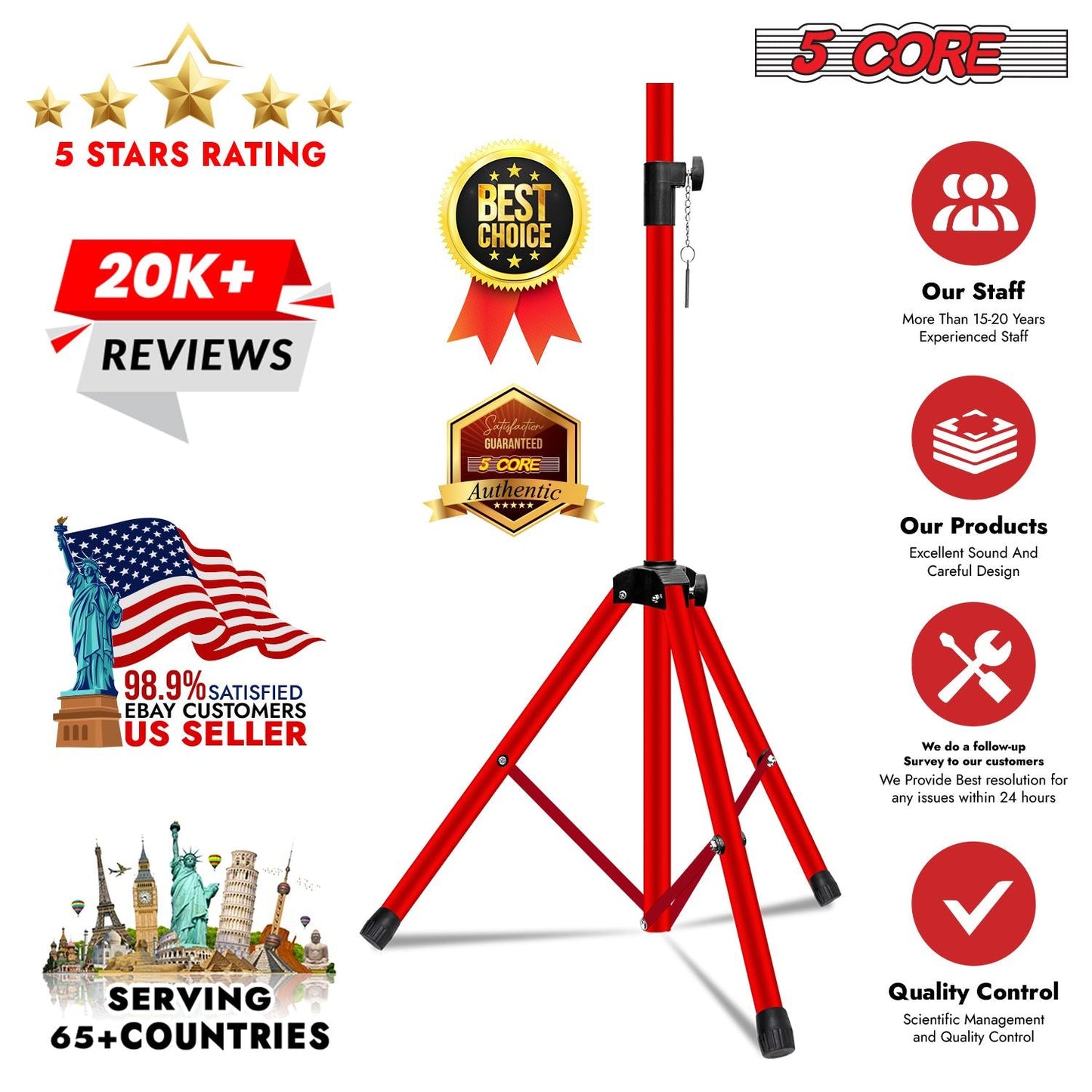 5 Core Speaker Stand 2Pcs Tripod Floor Tall Adjustable Up to 72 Inch DJ Studio Monitor Stands Pole Mount - 7DAY'S
