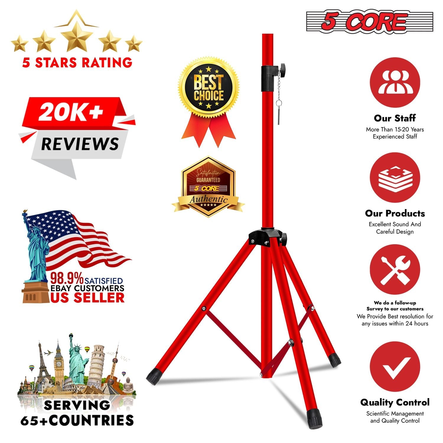 5 Core Speaker Stand 2Pcs Tripod Floor Tall Adjustable Up to 72 Inch DJ Studio Monitor Stands Pole Mount - 7DAY'S
