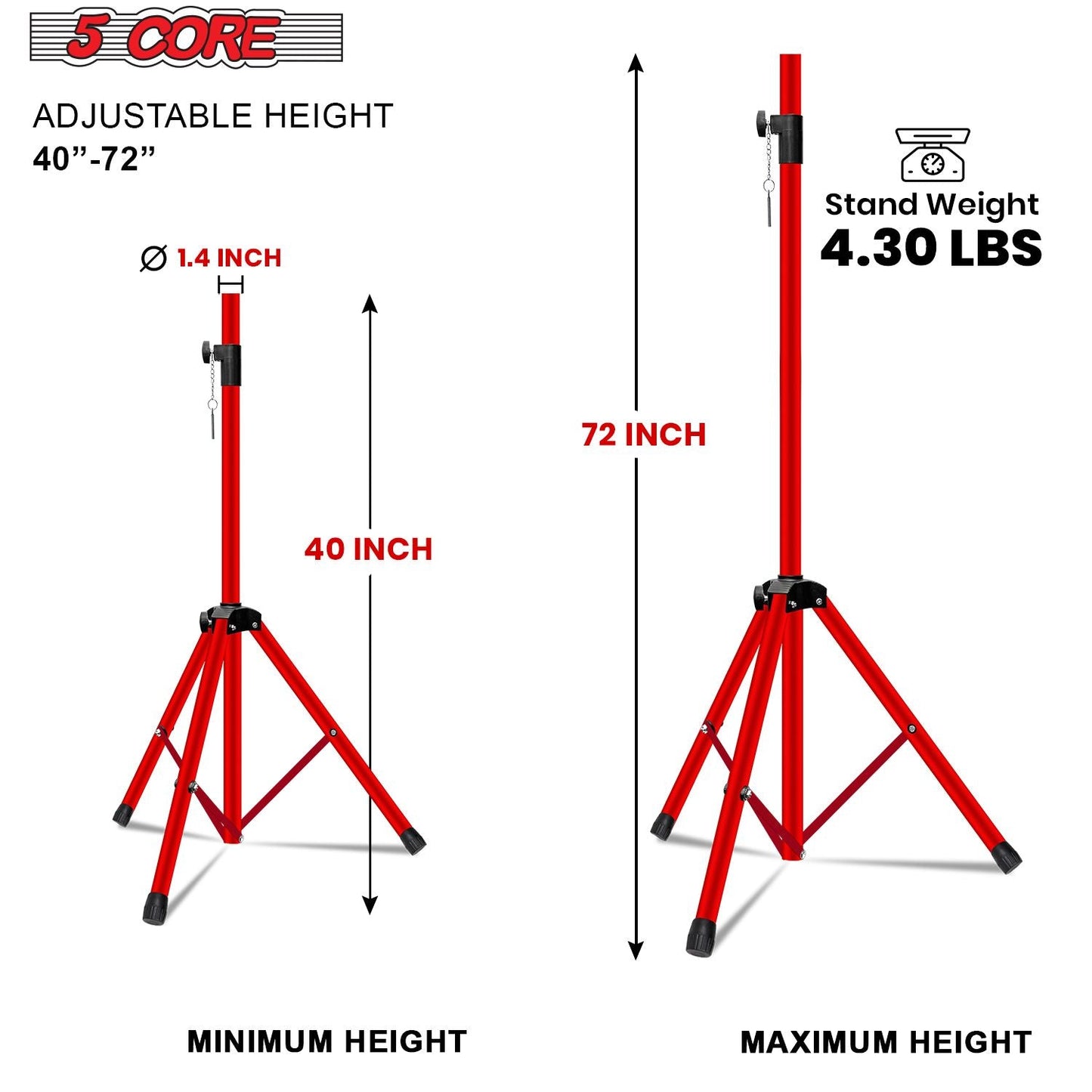 5 Core Speaker Stand 2Pcs Tripod Floor Tall Adjustable Up to 72 Inch DJ Studio Monitor Stands Pole Mount - 7DAY'S