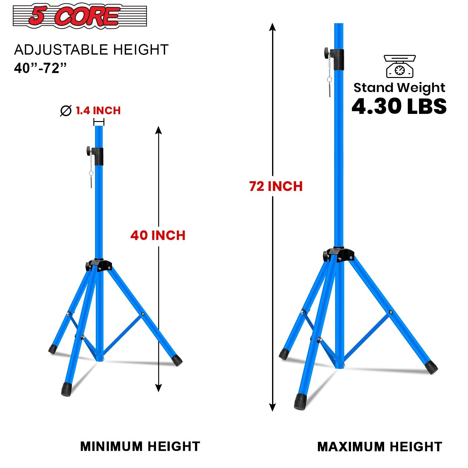 5 Core Speaker Stand 2Pcs Tripod Floor Tall Adjustable Up to 72 Inch DJ Studio Monitor Stands Pole Mount - 7DAY'S