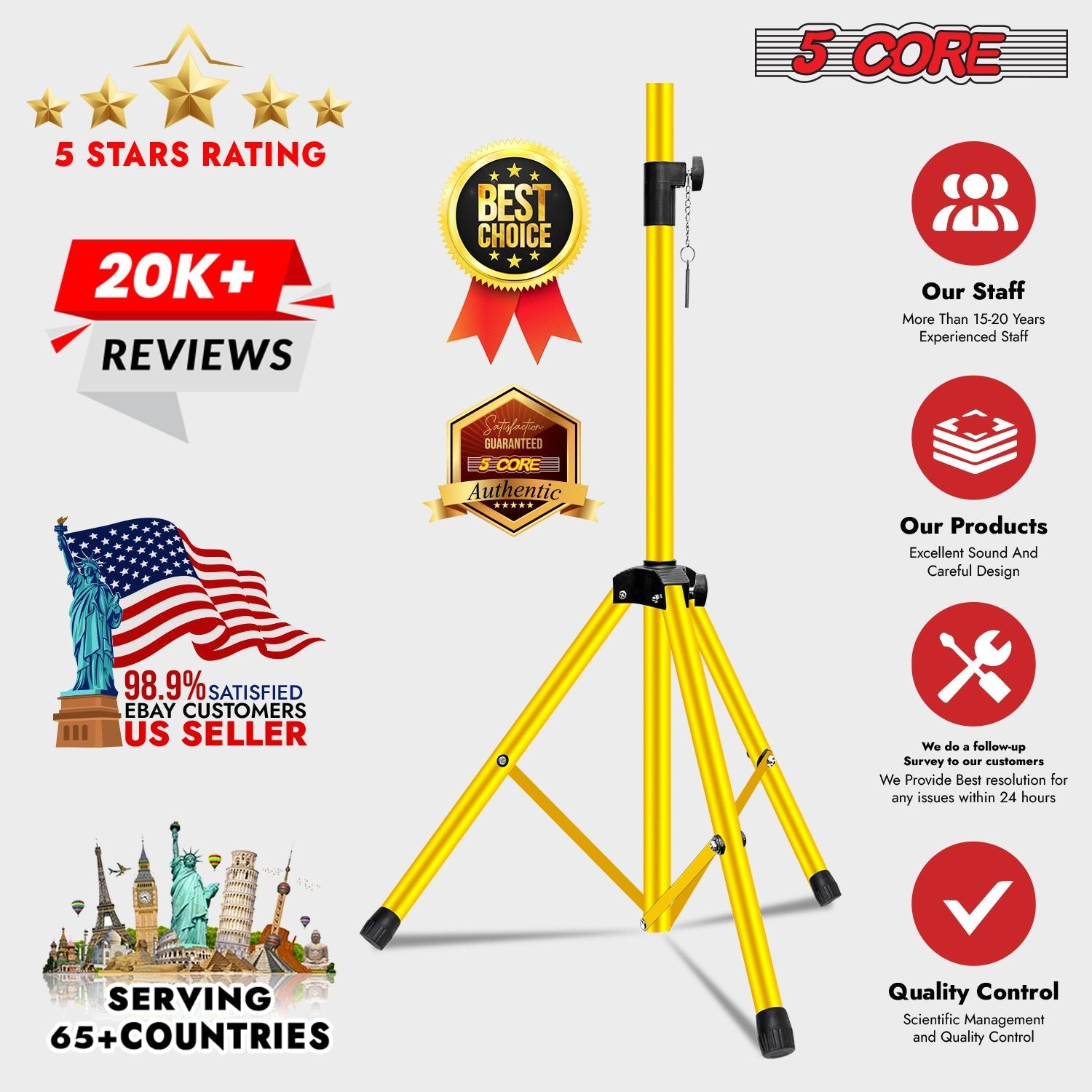 5 Core Speaker Stand 2Pcs Tripod Floor Tall Adjustable Up to 72 Inch DJ Studio Monitor Stands Pole Mount - 7DAY'S