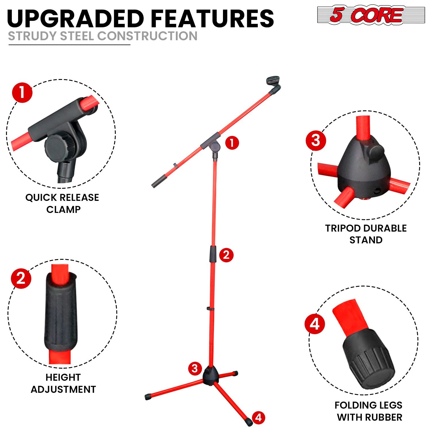 5 Core Tripod Mic Stand Floor 2Pcs Adjustable 18 to 72 Inches Sturdy Boom Arm Holder Microphone Stands Pedestal Para Microfono for Singing - 7DAY'S