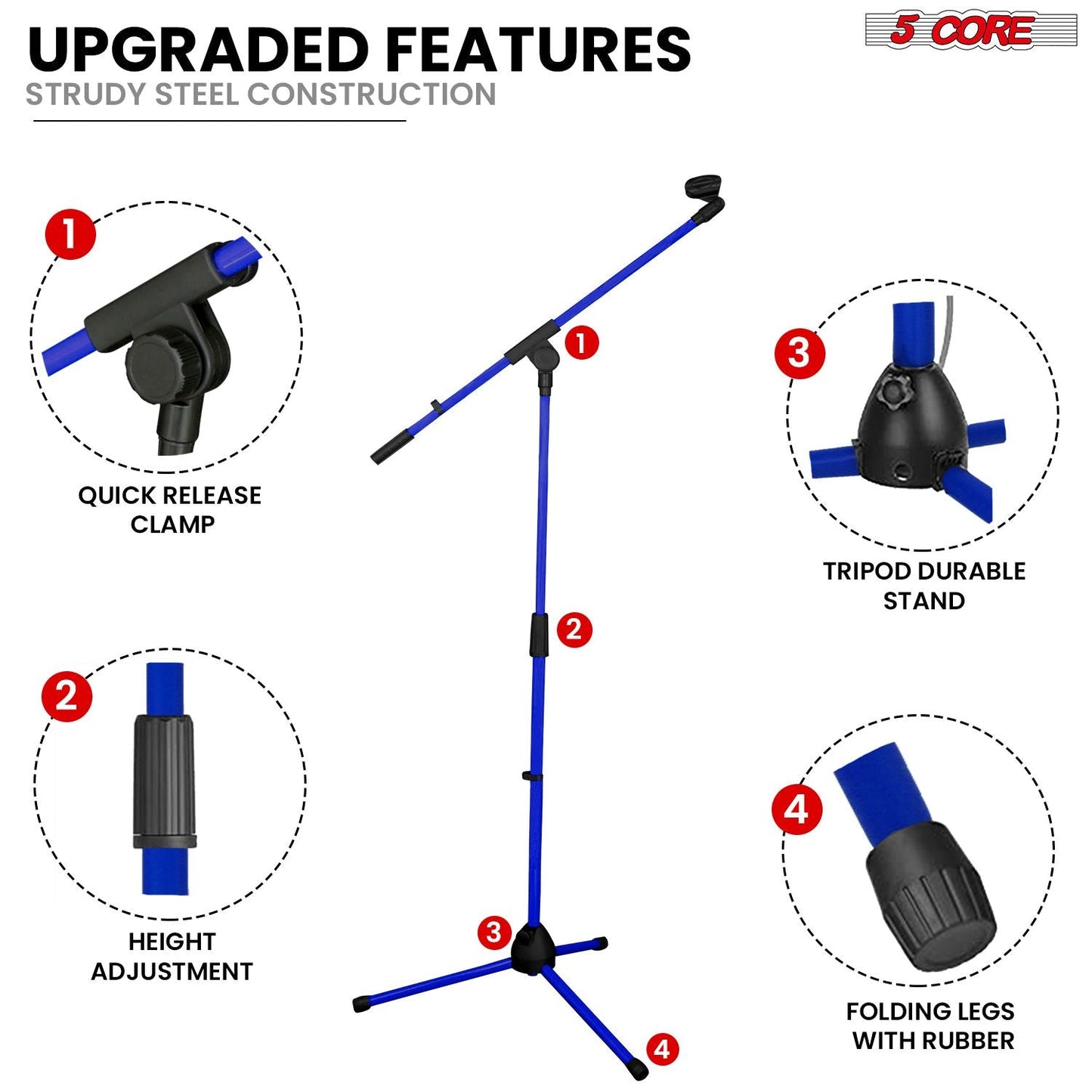 5 Core Tripod Mic Stand Floor 2Pcs Adjustable 18 to 72 Inches Sturdy Boom Arm Holder Microphone Stands Pedestal Para Microfono for Singing - 7DAY'S