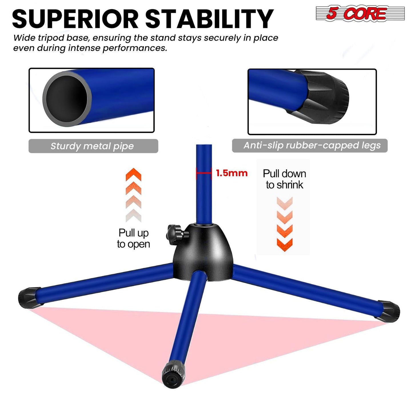 5 Core Tripod Mic Stand Floor 4Pcs Adjustable 18 to 72 Inches Sturdy Boom Arm Holder Microphone Stands Pedestal Para Microfono for Singing - 7DAY'S