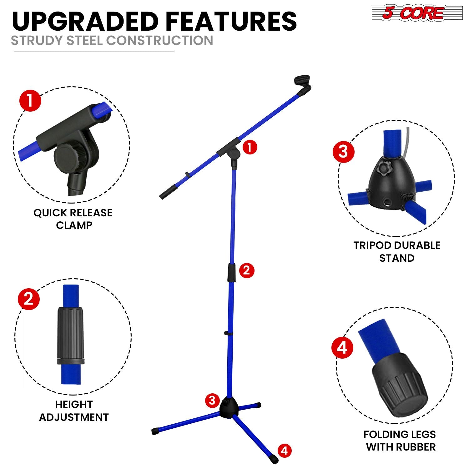5 Core Tripod Mic Stand Floor 4Pcs Adjustable 18 to 72 Inches Sturdy Boom Arm Holder Microphone Stands Pedestal Para Microfono for Singing - 7DAY'S