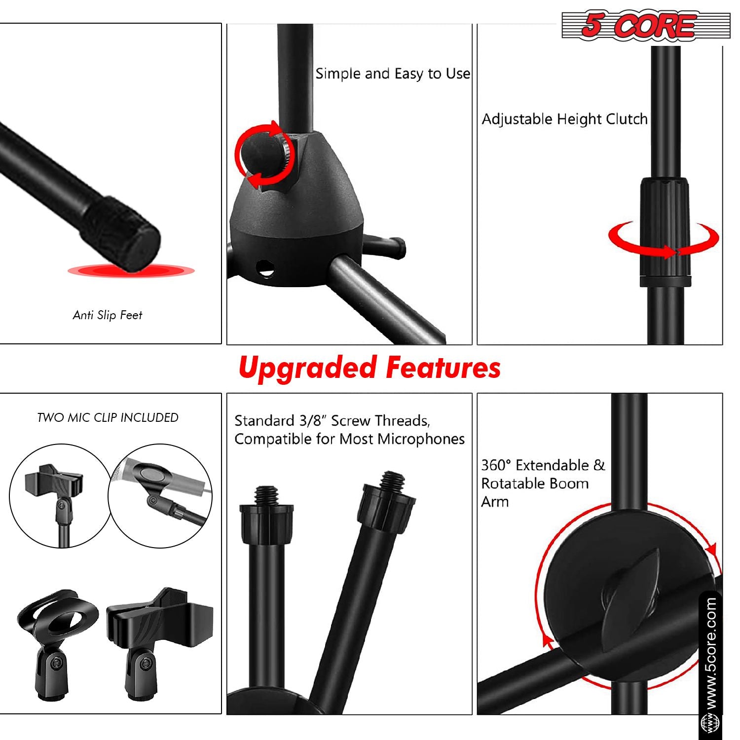 5 Core Tripod Mic Stand Floor Adjustable 31 to 76 Inches Boom Arm Holder Microphone Stands 360 Degree Rotating + Dual Mic - MS DBL - 7DAY'S