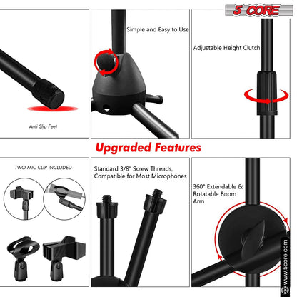 5 Core Tripod Mic Stand Floor Adjustable 31 to 76 Inches Boom Arm Holder Microphone Stands 360 Degree Rotating + Dual Mic - MS DBL - 7DAY'S