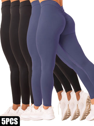 5 Pack Women's Solid Color Hip - raising High - waisted V - back Waist Seamed Yoga Fitness Tights, Women - Butt Lift High Waisted Tummy Control Yoga Pants - Workout Running Leggings - 7DAY'S