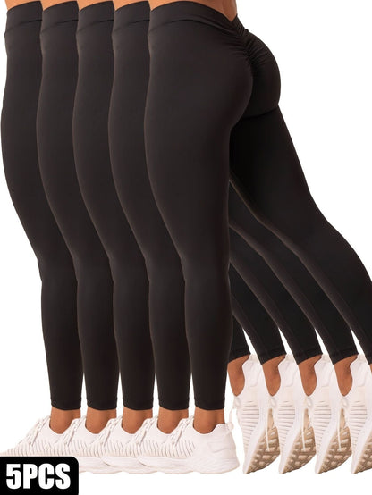 5 Pack Women's Solid Color Hip - raising High - waisted V - back Waist Seamed Yoga Fitness Tights, Women - Butt Lift High Waisted Tummy Control Yoga Pants - Workout Running Leggings - 7DAY'S