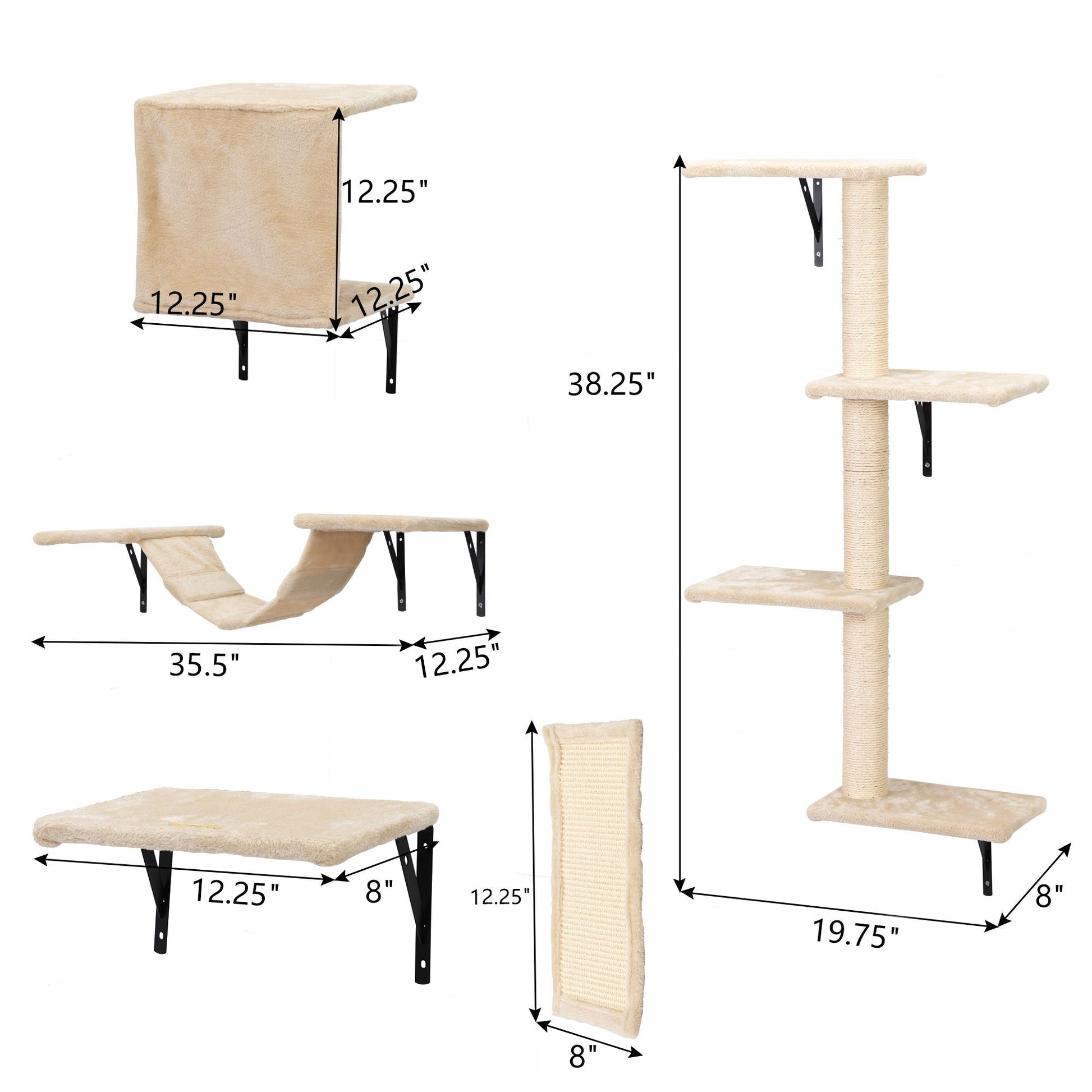 5 Pcs Wall Mounted Cat Climber Set; Floating Cat Shelves and Perches; Cat Activity Tree with Scratching Posts; Modern Cat Furniture - 7DAY'S